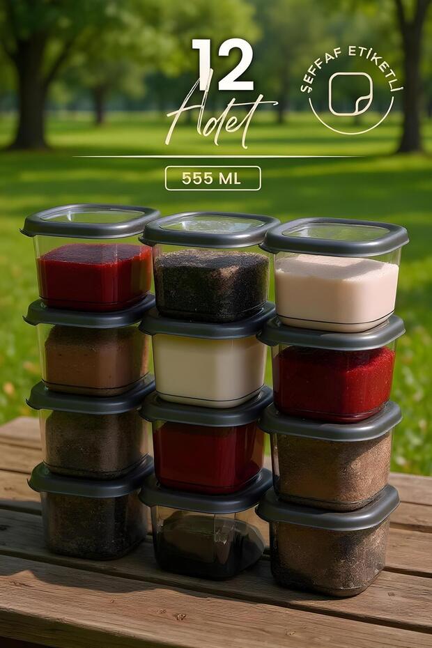 Set of 12 555 ml Anthracite Spice Jar Set with Labels – Square Storage Container Set with Lids - 2