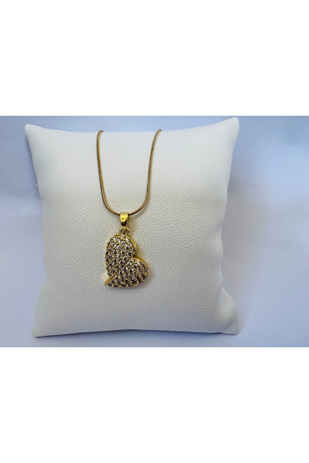 Steel Gold Zircon Engraved Heart Necklace