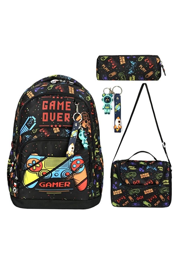 Boy's Orthopedic Waterproof Fabric Game over Primary School Backpack Thermal Nutrition Pencil Case Keychain