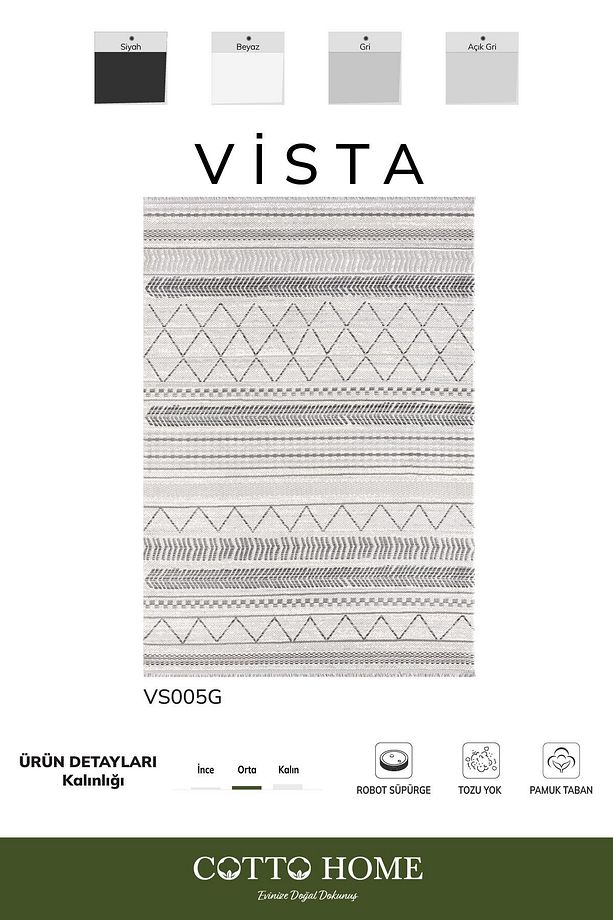 Vista VS005G Gri Halı Modern Desen Antialerjik Pamuk Taban Yıkanabilir Salon Halısı Yatak Odası - 2