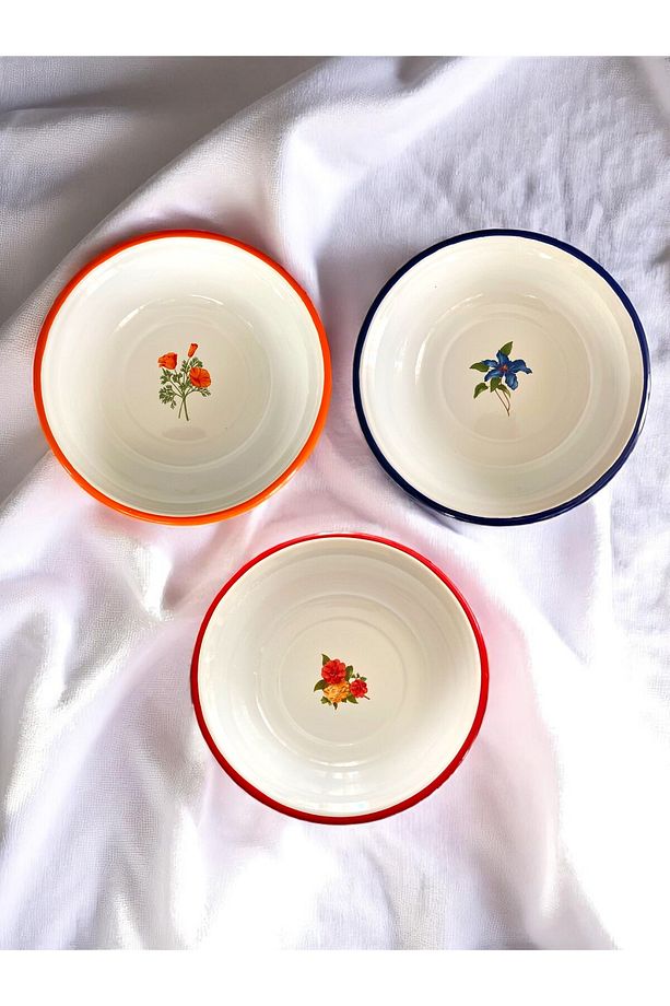 3 Adet 24CM Emaye Kase Tabak, Çukur Tabak, Çorba Tabak, Retro, Derin Tabak, Çorba Kase, Lüks Tabak - 1