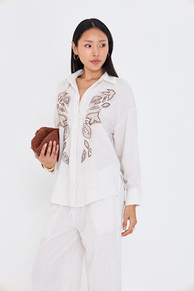 Pullu Nakışlı Keten Görünümlü Gömlek - 6