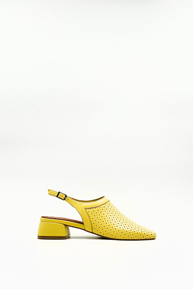 Yellow Genuine Leather Short Heeled Summer Slingback Shoes