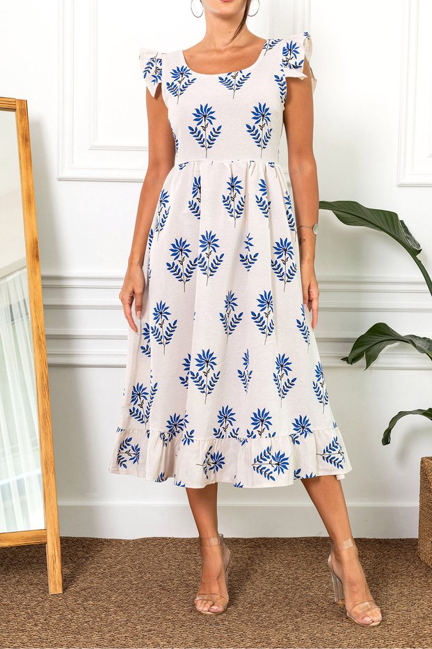 Women's Dark Blue Sleeve Ruffle Back Zipper Long Dress Arm-23Y001114
