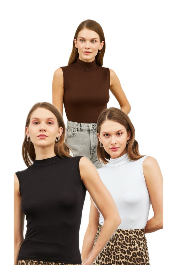 Women's Black White Brown 3-Piece Zero Sleeve Half Fisherman Blouse