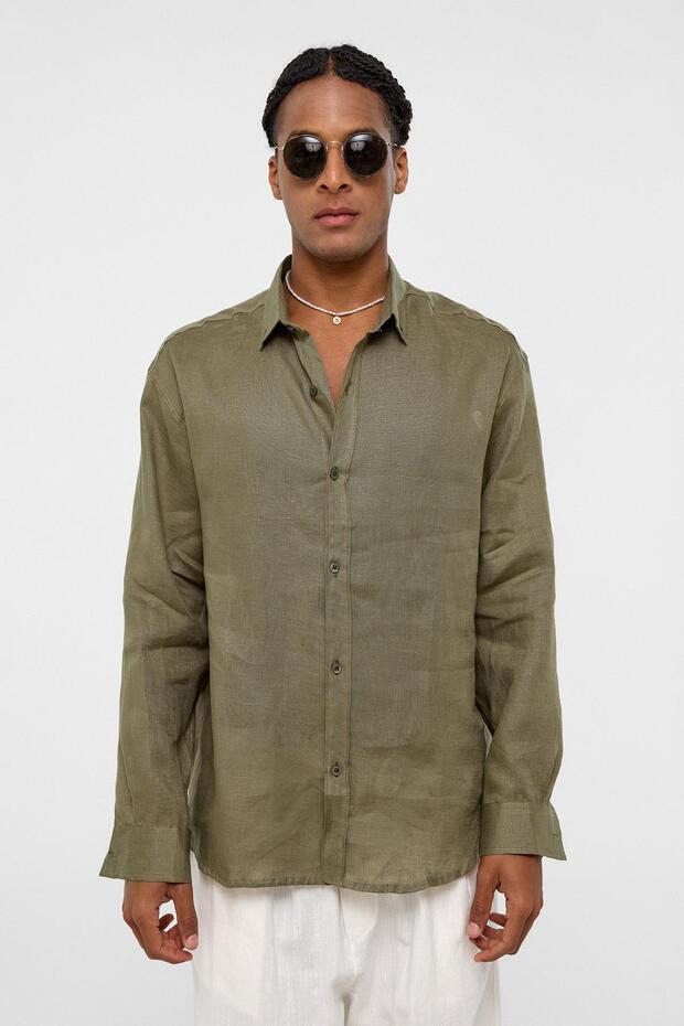 100% Linen Oversize Long Sleeve Shirt Khaki