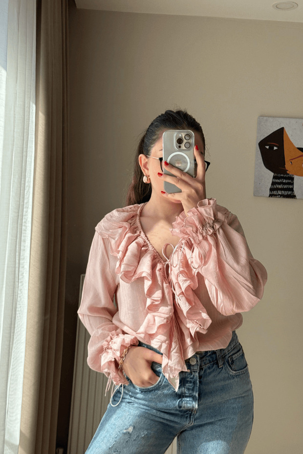 Pembe Fırfırlı İsveç Gömlek - 6