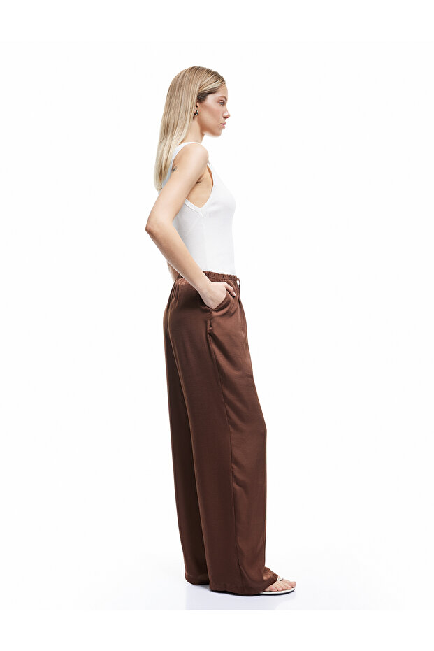Aerobin Fabric Wide Leg Satin Trousers with Elastic Waist and Tie Pockets