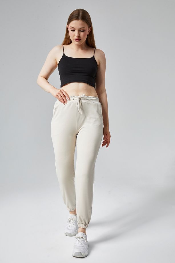 Kadın Krem Modal Kumaş Lastikli Paça Tek Alt Jogger Pantolon - 2