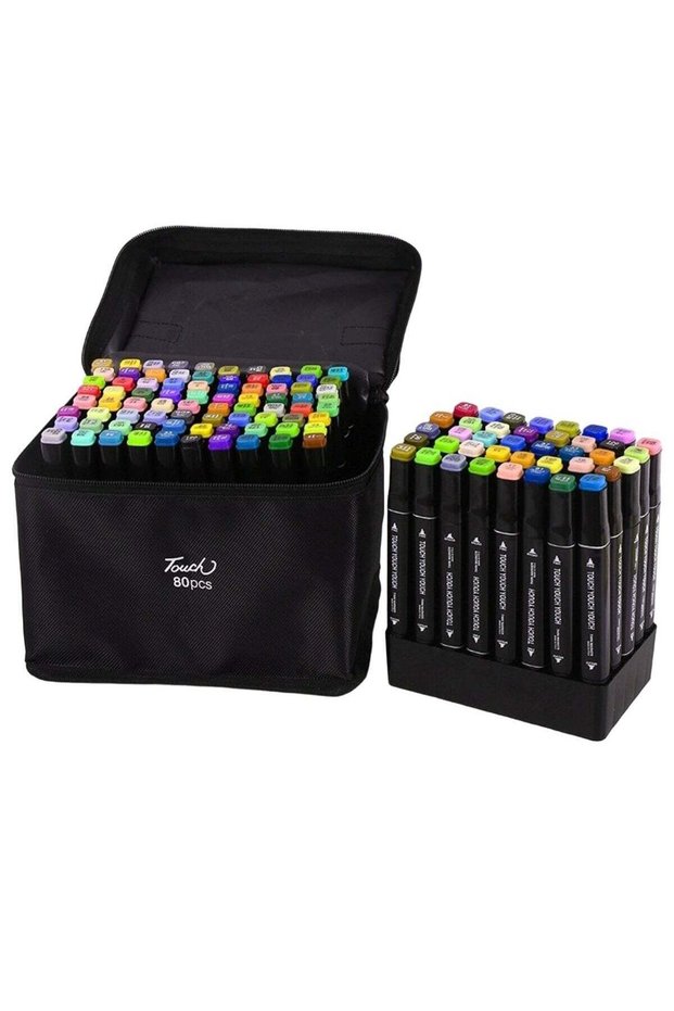 80pcs Dual Tip Markers Set, Assorted Colors Stylish Black Body with Black Cloth Bag