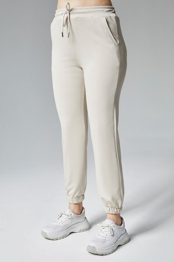 Kadın Krem Modal Kumaş Lastikli Paça Tek Alt Jogger Pantolon - 5