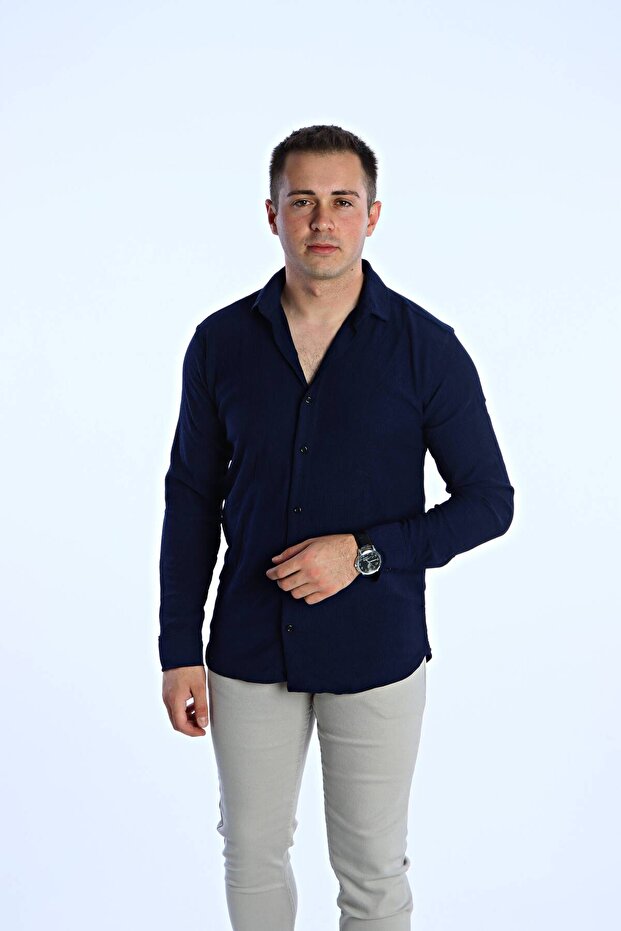 Dnt Long Sleeve Wrinkle Shirt Navy Blue