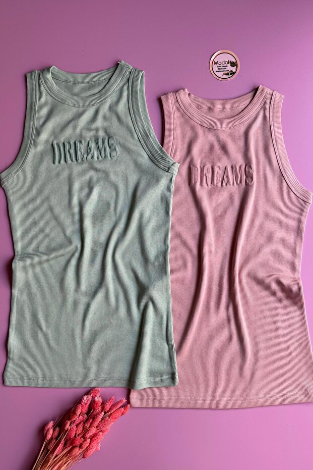 Dreams | Modal Fabric 2-Piece Powder and Green Color Camisole Women's Blouse 66V50