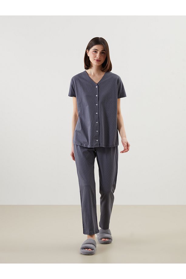 V Yaka Puantiyeli Hamile Pijama Takımı - 1