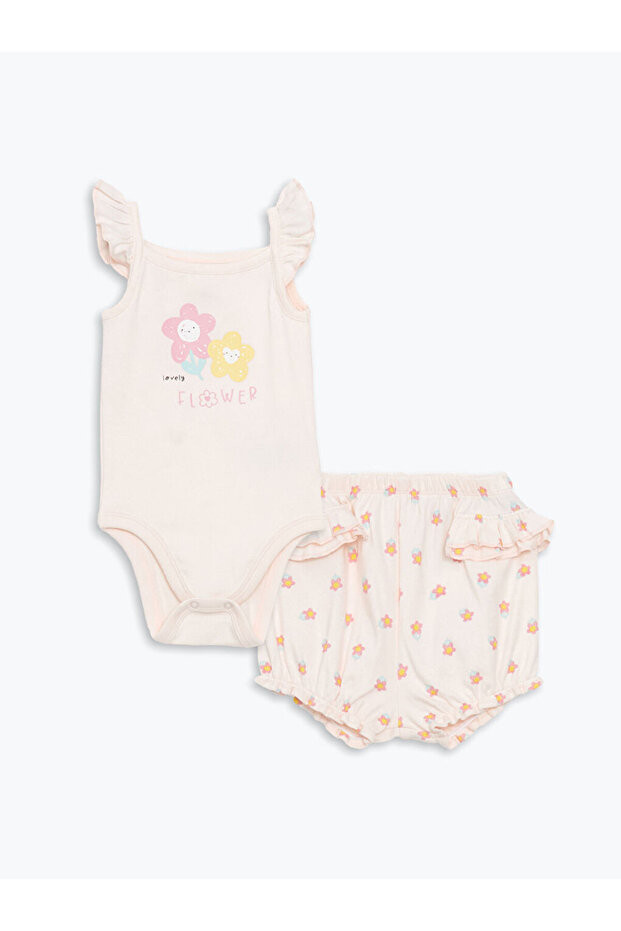 Çiçekli Kız Bebek Çıtçıtlı Body ve Şort - 1