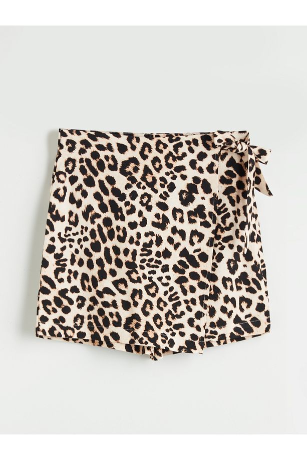 Leopar Desenli Keten Görünümlü Şort Etek - 5