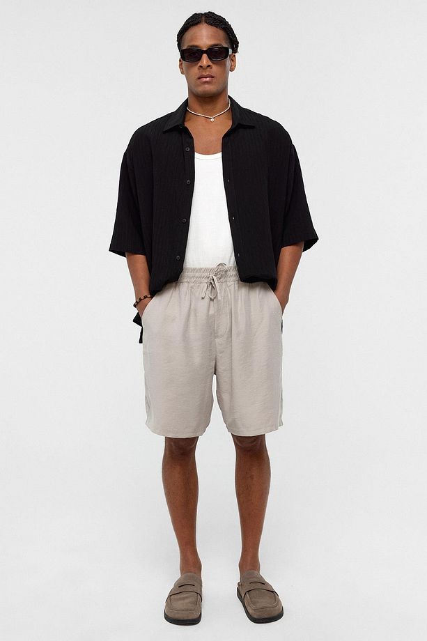 Oversize Modal Kumaş Bermuda Şort Bej - 1