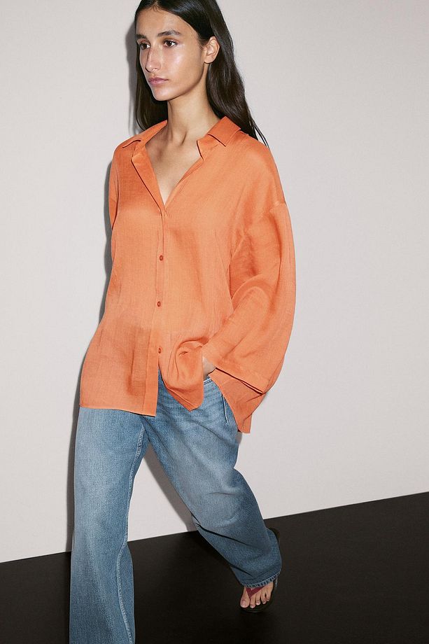 Oversize rami karışımlı gömlek - 4