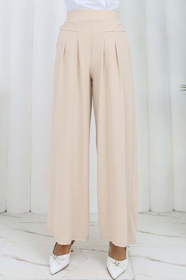 Geniş Paça Pileli Pantolon Taş Rengi 6718 - 5