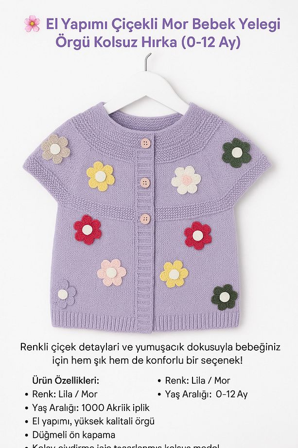 Çiçekli Mor Bebek Yeleği – Örgü Kolsuz Hırka 1 Yaş 2 Yaş 3 Yaş 4 Yaş 5 Yaş ) - 3