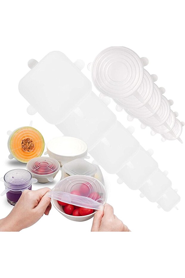 Set de 12 capace elastice, silicon, 6 mărimi diferite, transparente