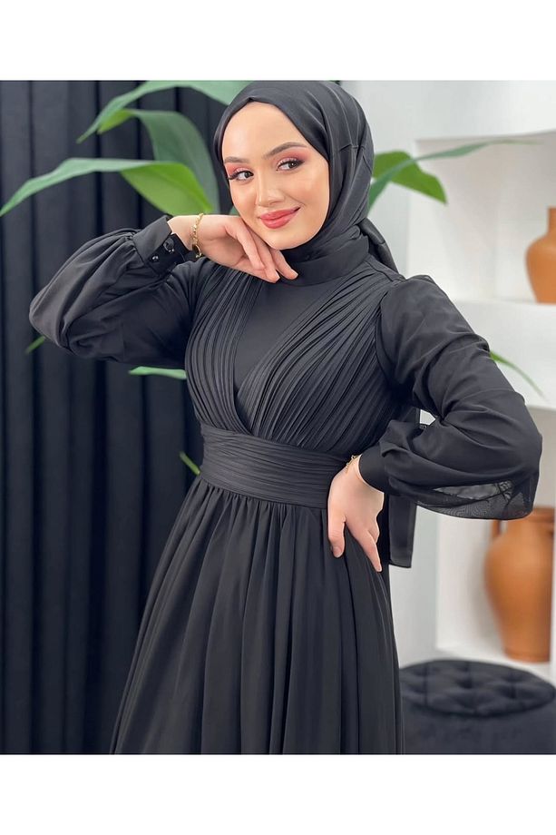 Tül Şifon Tesettür Abiye Siyah - 4
