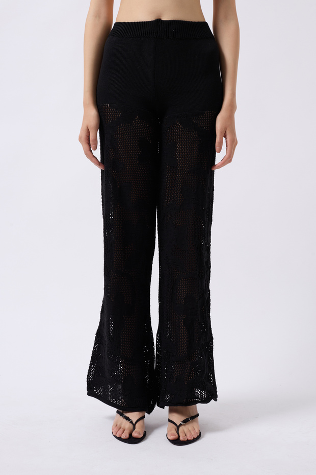 Black Knitted Knitwear High Waist Wide Leg Design Beach Pants 004