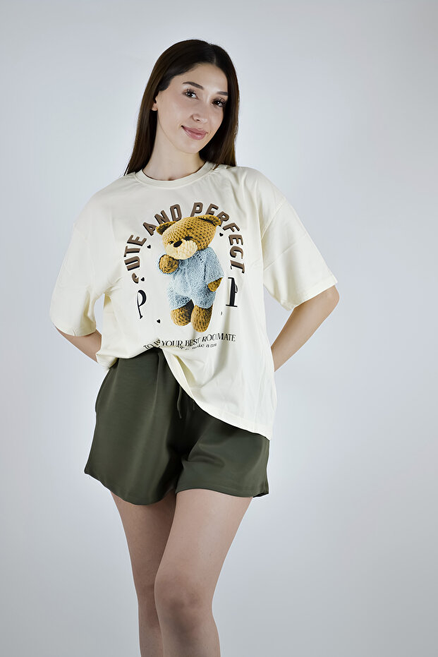 Sıfır Yaka Teddy Bear Baskılı Basic Tişört Ekru - 1