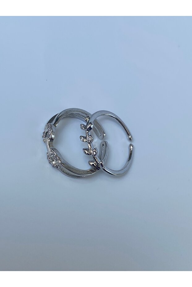 طقم خواتم مزدوجة لون فضي قابل للتعديل - 4