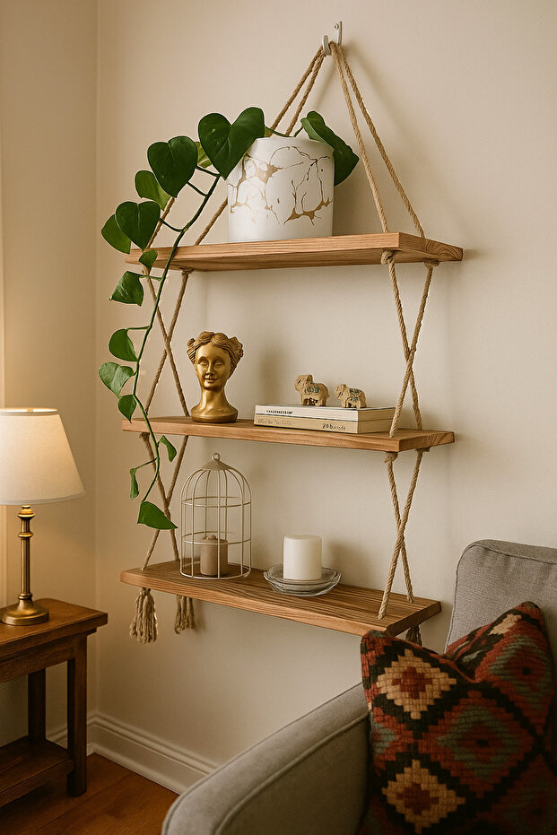 3-Piece Decorative Wall Shelf with Wooden Drawstring Rope | Stylish and Natural Wall Decoration | Board 3-Shelf Bookcase
