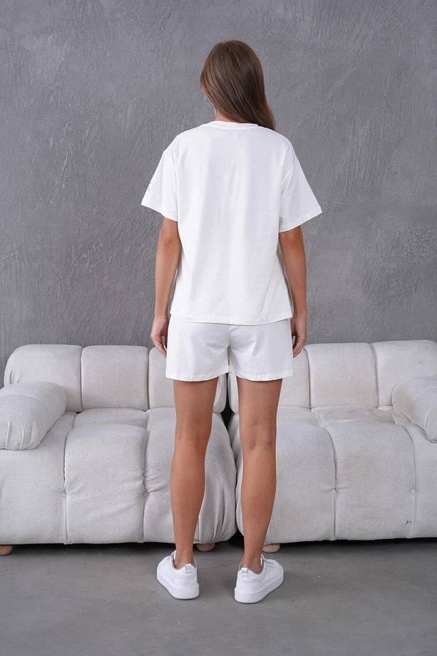 Bisiklet Yaka Kısa Kol Üst Bel Bağcıklı Lastikli Şort Basic Örme İkili Takım - 8