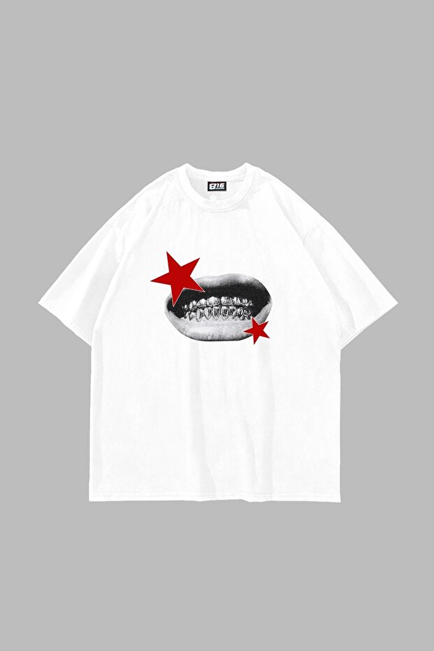 Teeth Star Printed Oversize Unisex White Tshirt