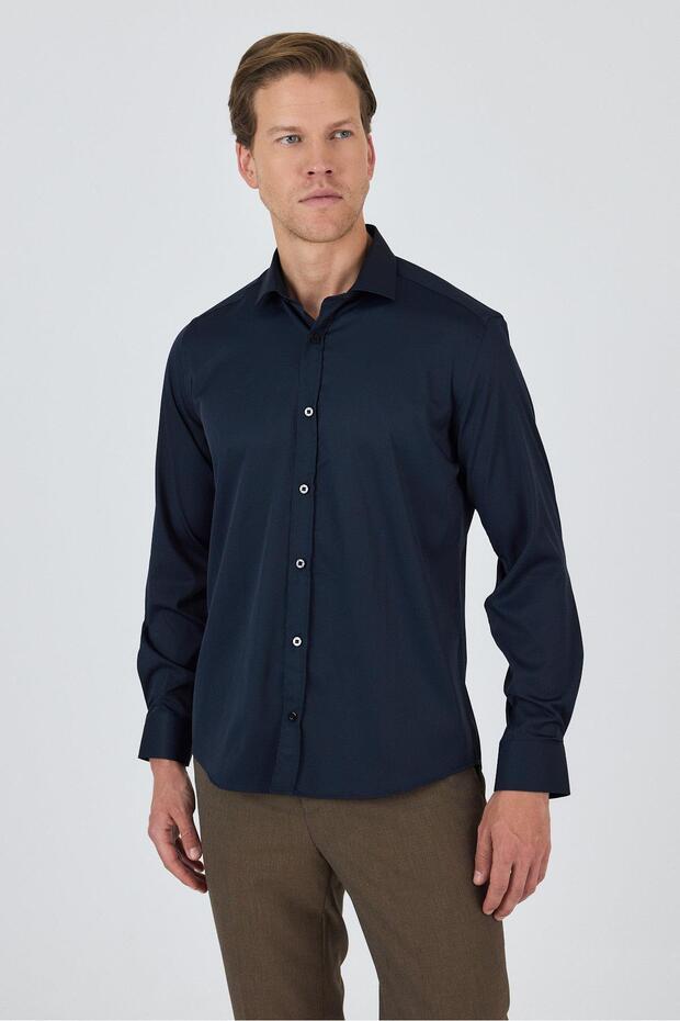 Men's Black Half Italian Collar Long Sleeve Slim Fit Stretchable Shirt 1004250235