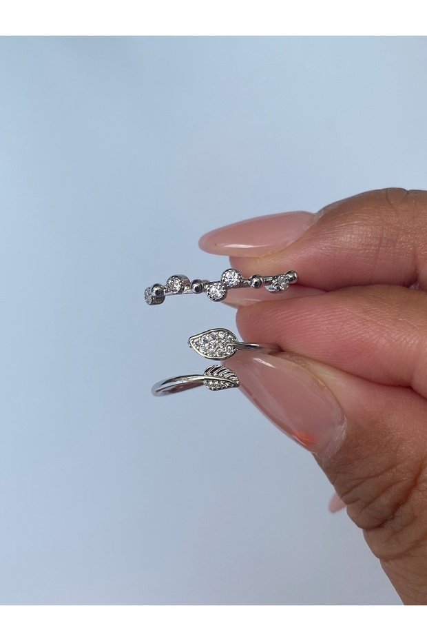 Double Ring Set Silver Color Ivy Pattern - 1
