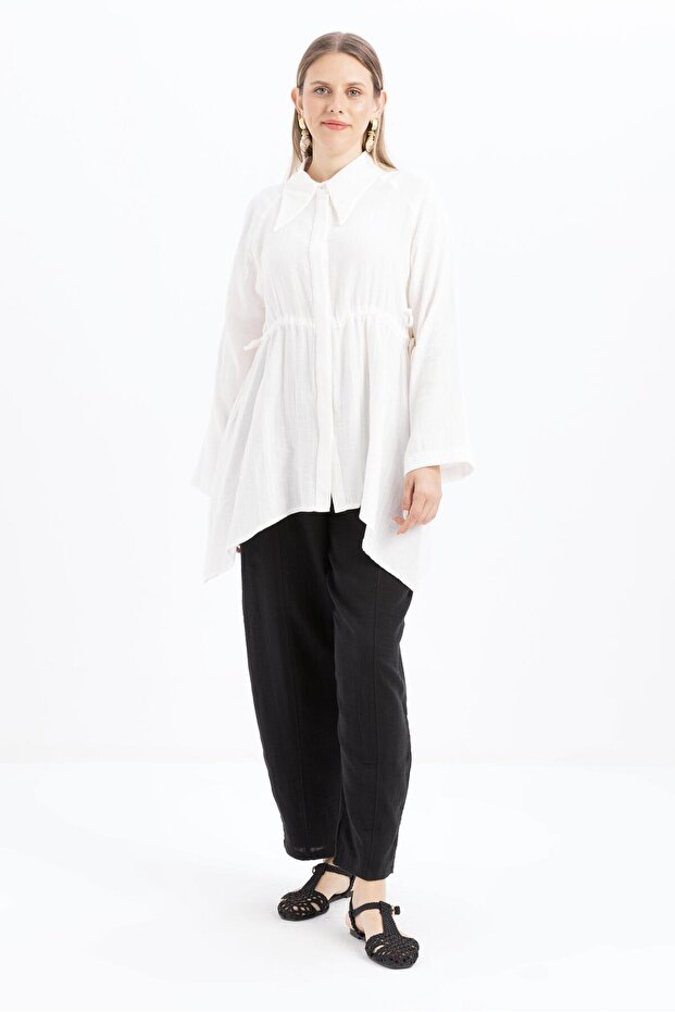 Cămașă cu patchwork alb-asimetric - 2