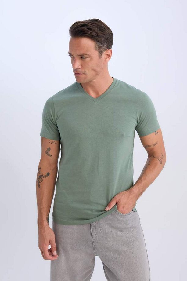 New Regular Fit V Yaka Basic Düz Kısa Kollu Tişört - 3