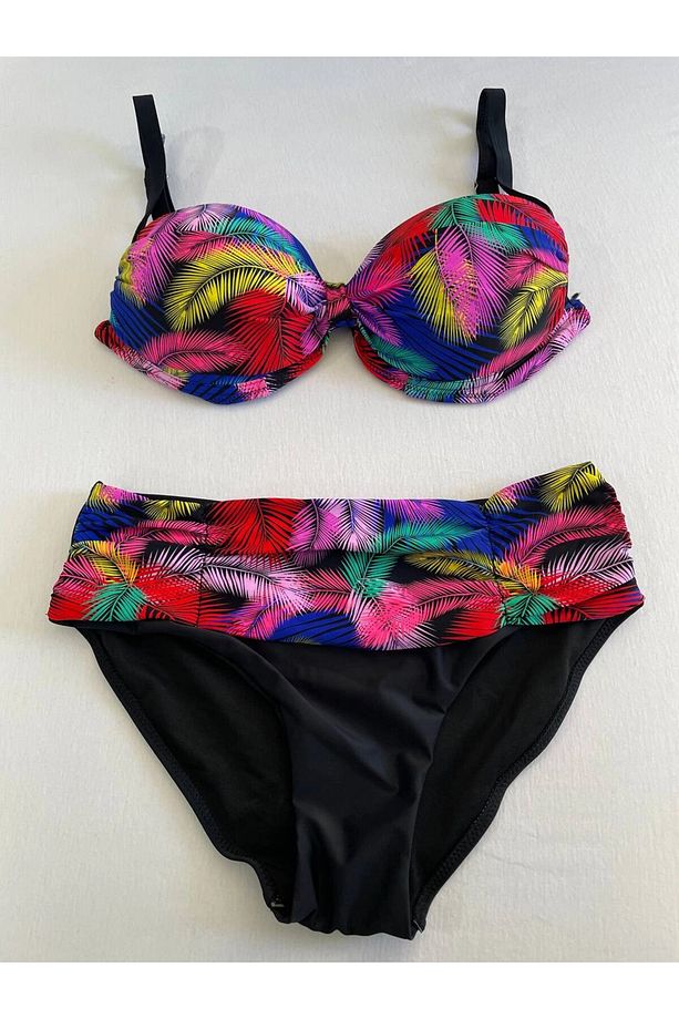 Kadın Siyah Sarı Kırmızı Çok Renk Desenli Astarlı Büyük Beden Bikini Takımı HZL25S-LC06 - 1