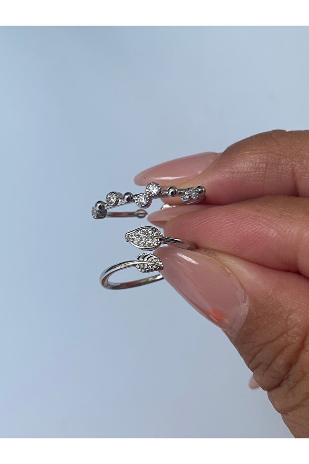 Double Ring Set Silver Color Ivy Pattern - 7