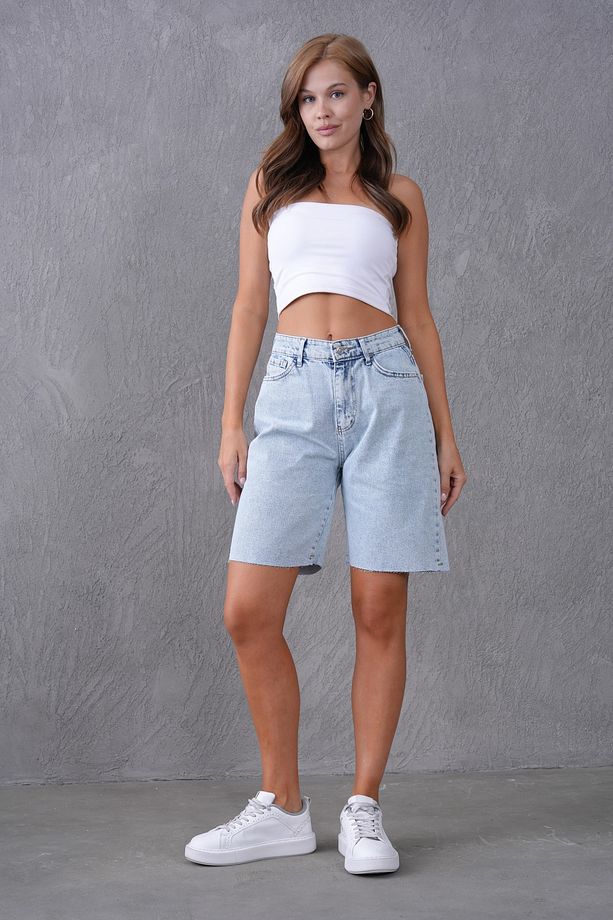 Kadın Açık Mavi Yüksek Bel Kot Şort Rahat Kalıp Yazlık Jeans Şort 70367 - 6