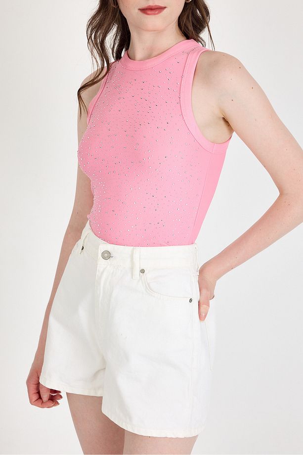 Pembe Taş İşleme Detaylı Halter Yaka Örme Atlet 0349 - 3