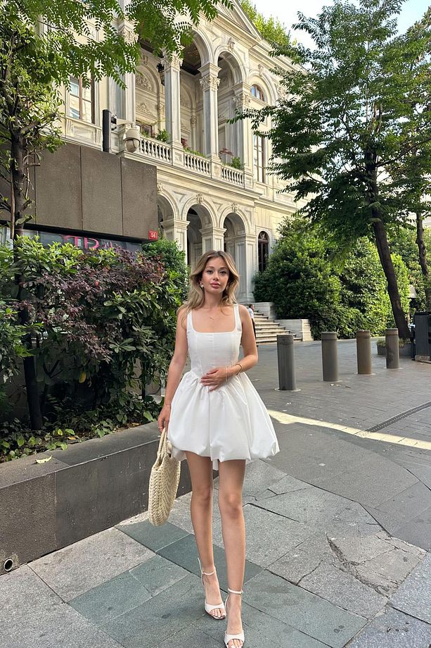 Askılı Balon Mini Elbise Beyaz - 2