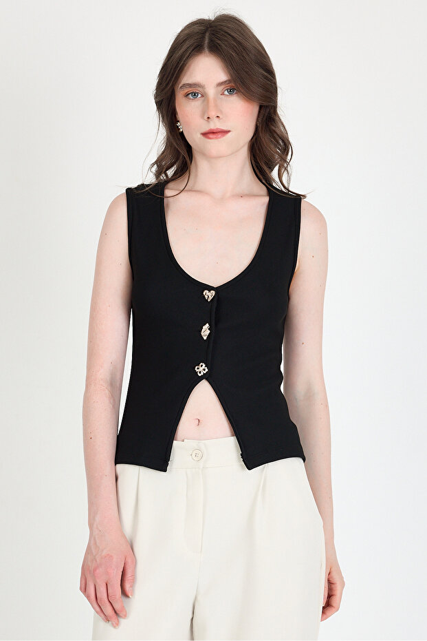 Black Button Detailed V-Neck Blouse 018 - 2