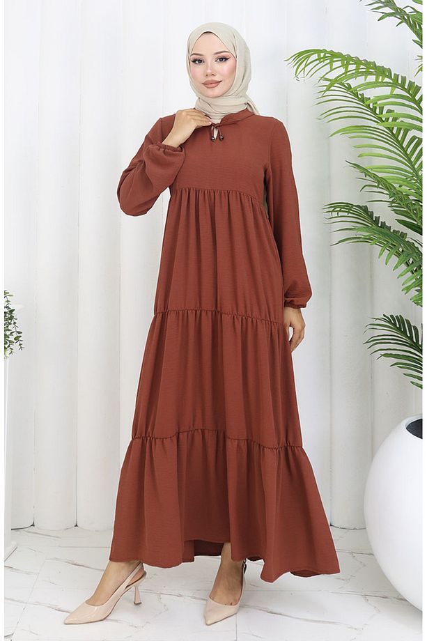Inci Ayrobin Farbalı Kolları Lastikli Elbise 4909-12 Taba - 4