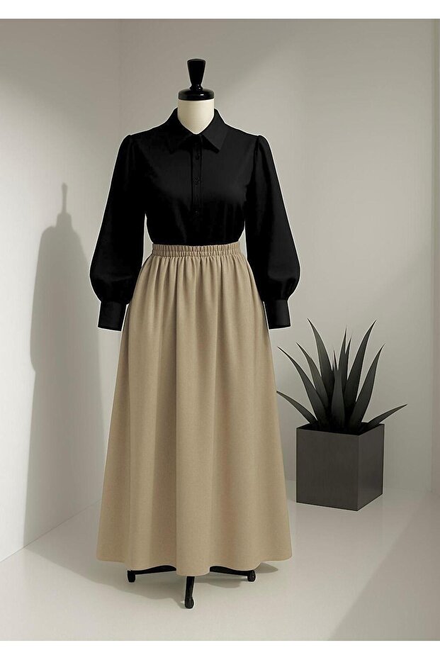 Women's Elastic Waist Long Poplin Beige Skirt