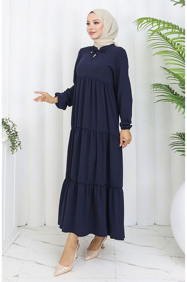Inci Ayrobin Farbalı Kolları Lastikli Elbise 4909-06 Lacivert - 2