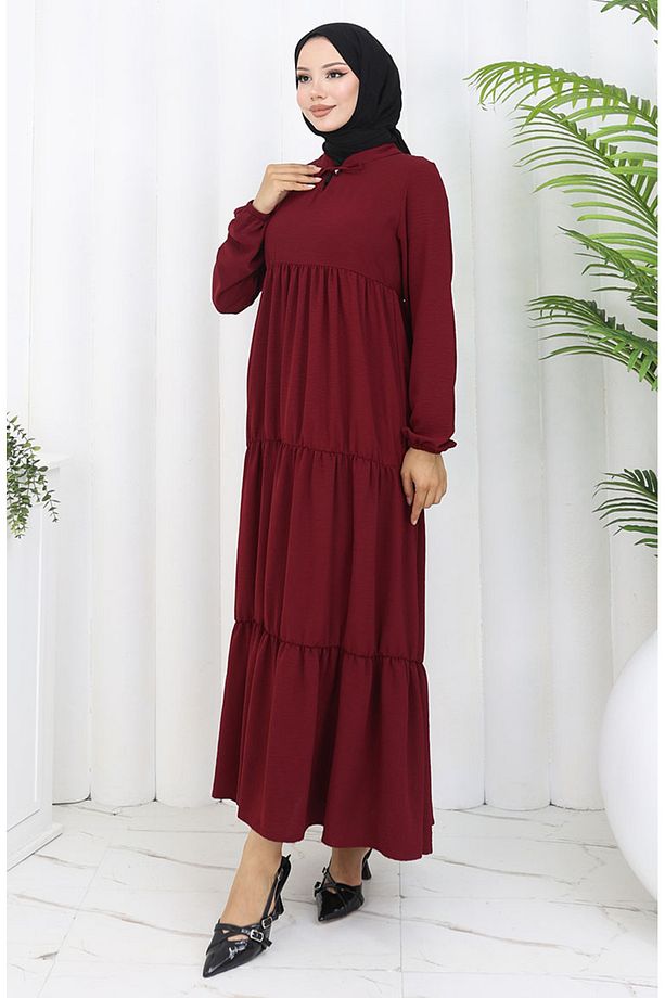 Inci Ayrobin Farbalı Kolları Lastikli Elbise 4909-01 Bordo - 3