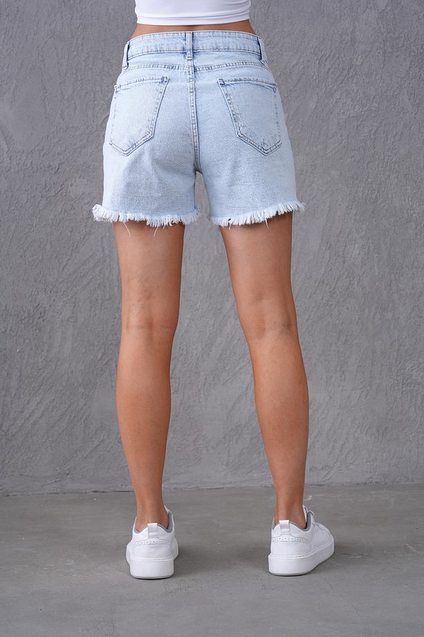 Püskül Tasarımlı Kesim Paça Yüksek Bel Kot Şort Jeans Şort 70369 - 3