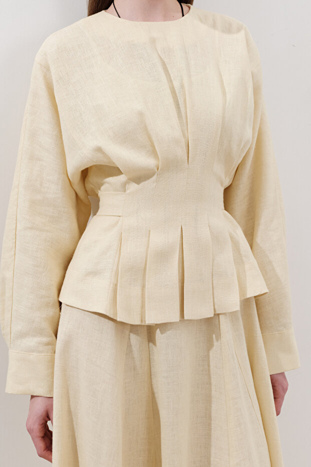 Lniana bluzka dwurzędowa z wiązaniem Żółta - 6