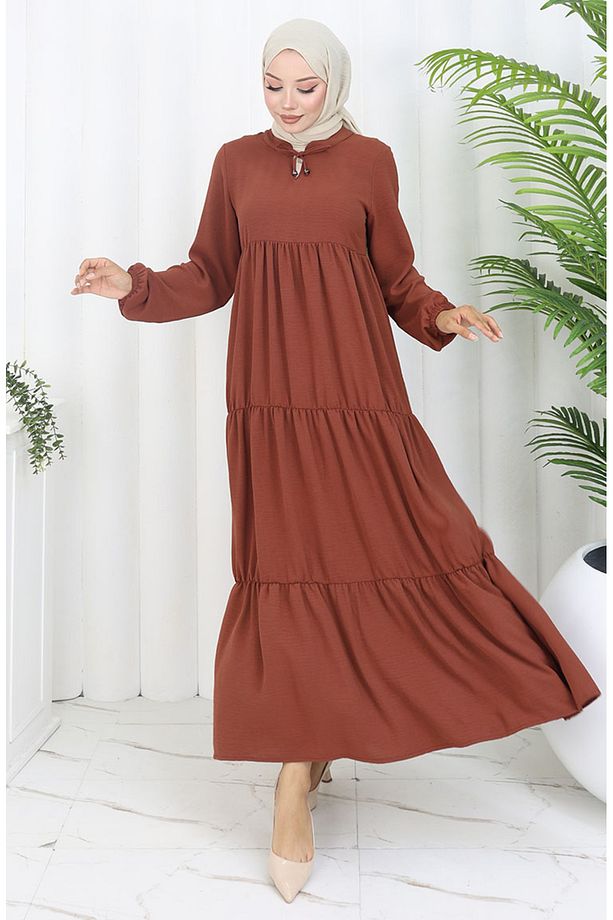 Inci Ayrobin Farbalı Kolları Lastikli Elbise 4909-12 Taba - 6