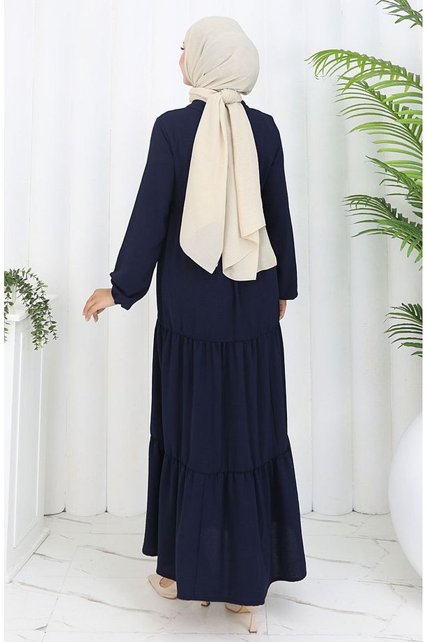 Inci Ayrobin Farbalı Kolları Lastikli Elbise 4909-06 Lacivert - 5
